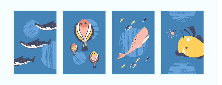 Sea animals illustrations set in creative style. Sea world illustration set in pastel colors. Cute fish, whale, shark on blue background. Underwater life concept for banners, website design