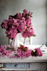 Beautiful bouquet pink flowers. lilac flowers. cherry flowers in vase .