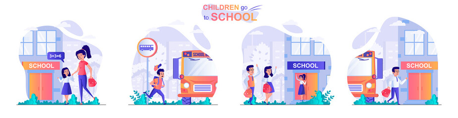Children go to school concept scenes set. Mom leads daughter to class, pupil rushes to school bus, primary education. Collection of people activities. Vector illustration of characters in flat design