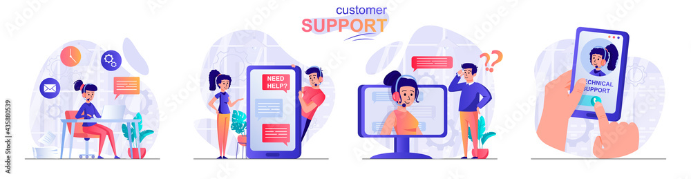 Poster Customer support concept scenes set. Operator accepts calls, tech support helps users, chat with online consultant. Collection of people activities. Vector illustration of characters in flat design