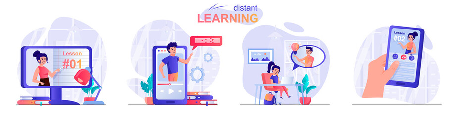 Distant learning concept scenes set. Online training from different gadgets, video tutorials, webinars, education. Collection of people activities. Vector illustration of characters in flat design