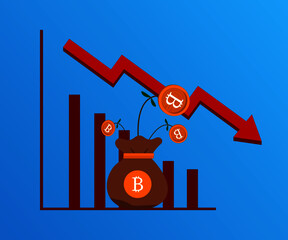 Decrease bitcoin rate icon and arrow design of Cryptocurrency. Money  currency exchanger financial internet market electronic finance and internet theme. vector illustration. - 435880794