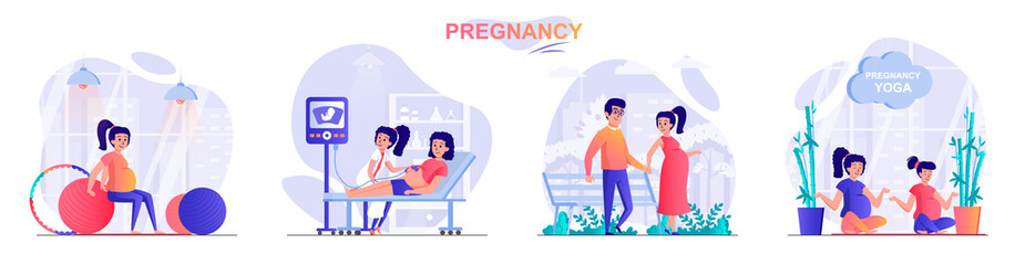 Pregnancy concept scenes set. Pregnant woman exercising with ball or does yoga, walks in park, ultrasound screening. Collection of people activities. Vector illustration of characters in flat design