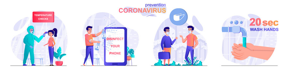 Prevention coronavirus concept scenes set. Temperature check, disinfect your phone, wear medical mask, wash hands. Collection of people activities. Vector illustration of characters in flat design