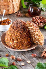 Piece of Cake with Chocolate, Condensed Milk and Cookies. Anthill cake. Christmas Theme.