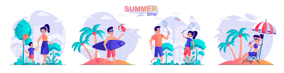 Obraz na płótnie Canvas Summer time concept scenes set. Mom walking with son, man surfing, woman resting on beach, couple playing tennis. Collection of people activities. Vector illustration of characters in flat design