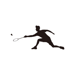 silhouette of port man badminton stretching receive the shuttlecock from the opponent - silhouette of badminton athlete are stretching to receive shuttlecock isolated on white