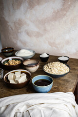 ceramic tableware top view with food ingredients