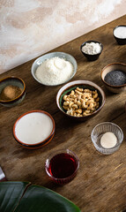 Obraz na płótnie Canvas ceramic tableware top view with food ingredients
