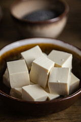 Silken tofu diced in a bowl