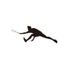 silhouette of sport man badminton stretching hardly to receive the shuttlecock from the opponent - silhouette of badminton athlete are stretching hardly to receive shuttlecock isolated on white
