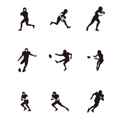 Fototapeta na wymiar sport men playing rugby cartoon illustrations silhouette set - football player playing rugby silhouette set isolated on white