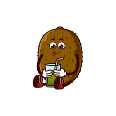 Cute Kiwi fruit character sitting with Kiwi Juice. Fruit character icon concept isolated. Emoji Sticker. flat cartoon style Vector