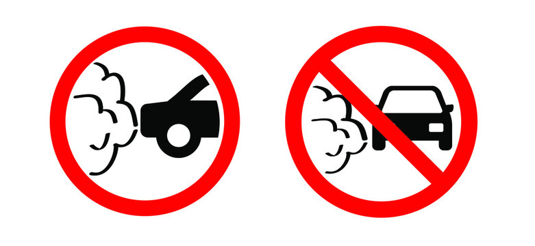Traffic pictogram. No idling warning sign. Turn engine off sign symbol icon. Idle free zone, turn Off. NOx, CO2 emissions. Carbon dioxide. Climate change and global warming