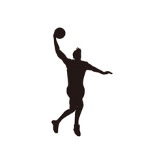 Fototapeta na wymiar silhouette of sport man doing a slam dunk on basket ball game - illustrations of basket ball player doing dunk to score on a basketball game cartoon silhouette isolated on white