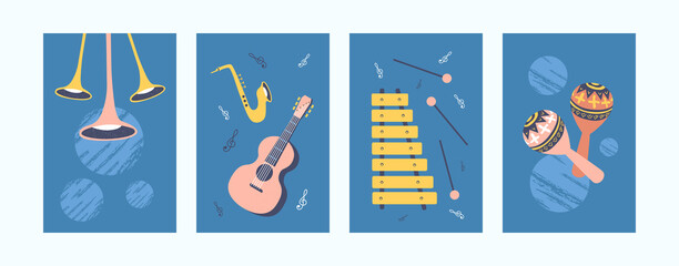 Musical instruments illustrations set in retro style. Bright collection of different music instruments. Guitar, xylophone, pipe and maracas on blue background. Art concept for banners, website design © PCH.Vector