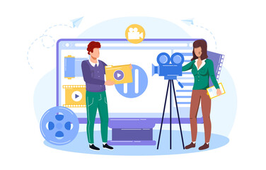 People in studio shooting film, online course.