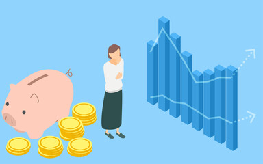 貯金と投資のイメージ、グラフの前で悩む女性と豚の貯金箱とコイン、アイソメトリック