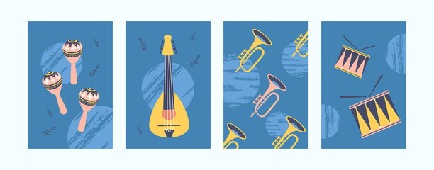 Colorful musical instruments illustrations set. Bright collection of music instruments. Guitar, drum, pipe and maracas on blue background. Art concept for banners, website design