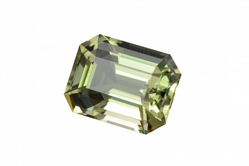 Natural Oregon mined sunstone transparent faceted gemstone. Emerald cut, square shaped, light green ting color, clean and sparkling setting for making own jewelry. Isolated on white background.