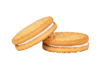 Biscuit sandwich cookies with milk creamy filling isolated on the white background