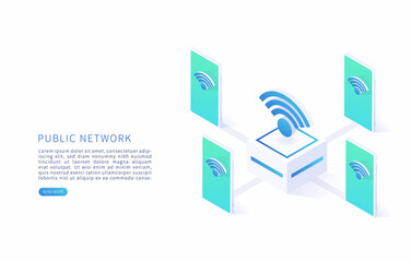 Public wireless network. Free internet zone and free wifi hotspot. Vector isometric with wifi sign and smartphone. Vector illustration.