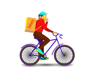 Fototapeta premium Food delivery man rides a bicycle with a phone in his hand and a large yellow bag with the words 