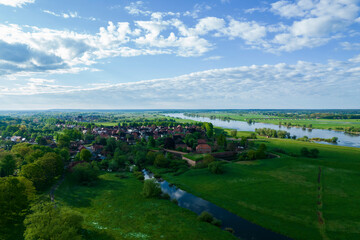 Fototapeta na wymiar Aerial view of the village Dömitz in Germany on a sunny morning in spring
