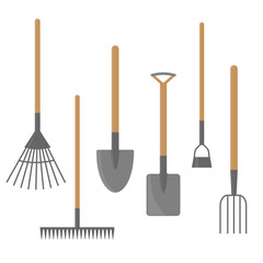  Set of garden equipment. Rake, fork, spade, shovel and hoe. Flat vector isolated illustration