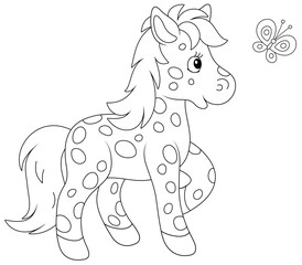 Spotted cute little pony playing with a merry flittering butterfly, black and white outline vector cartoon illustration for a coloring book page