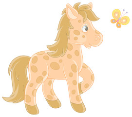 Spotted cute little pony playing with a merry flittering butterfly, vector cartoon illustration isolated on a white background