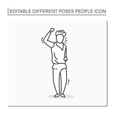 Person pose line icon. Man standing straight,raised fist up, holds other hand in pocket. Satisfied. Looking directly.People poses concept. Isolated vector illustration