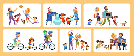 Set of cartoon scenes family active holidays parents with kids in various activity isolated vector illustration