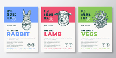 Naklejka premium Best Organic Meat and Vegetables Vector Packaging Design or Label Templates Set. Farm Grown Products Banners. Hand Drawn Herbs, Rabbit and Sheep Head Silhouettes Backgrounds Layout Collection