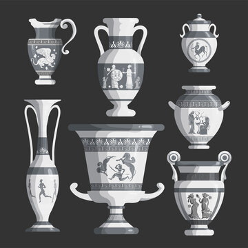 Set of antique Greek white amphoras, vases with patterns, decorations and life scenes. Ancient decorative pots isolated, old clay jugs, ceramic pottery. Vector illustration