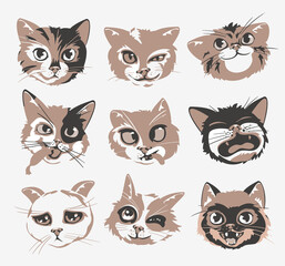 Cats heads faces emoticons vector illustration set