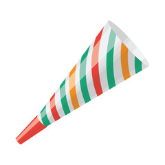 Bright colorful festive party horn. An accessory for holding fun holidays. Party whistle in multi-colored stripes of red, orange and green. Vector illustration isolated on white background.