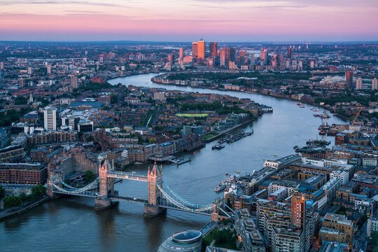 Aerial view of the London skyline with Tower Bridge