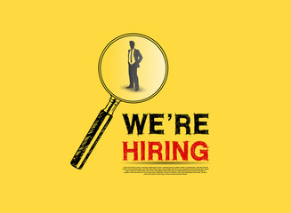 We are Hiring design with Magnifying Glass businessman yellow background. Business recruiting concept hand drawing style