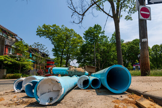 Pipes and fixtures used in a project to replace and upgrade the basic drinking water infastructure in an older Toronto neighbourhood.