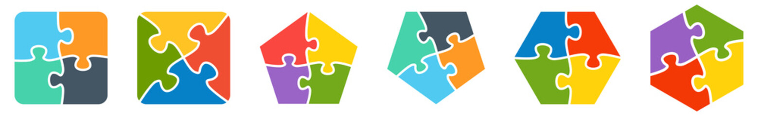 Polygons, square to six sides, divided into four jigsaw puzzle pieces - simple infographics element