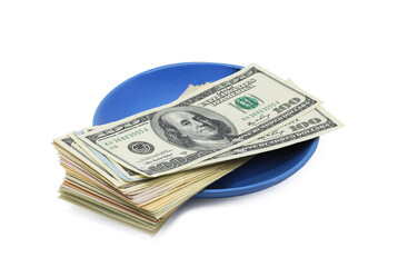 American dollars on blue plate isolated on white background