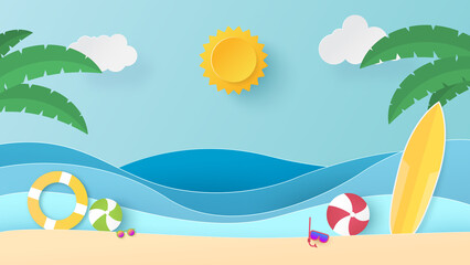 Summer time background. Blue sea and beach with stuff for summer. Paper cut and craft style illustration