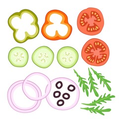 Salad Ingredients. Vegetables for healthy food. Vegetarianism, vitamins, healthy nutrition, diet. Vegetables, herbs. Vector set. For menu, cafe, restaurant, poster, banner, emblem, sticker