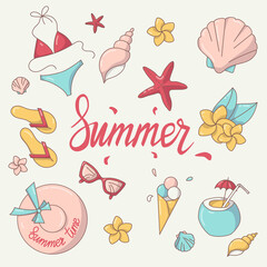 Summer vacation icon set including vector hand-drawn isolated objects. Used for cards, posters, invitations