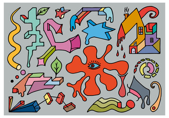 Obraz premium Psychedelic, surreal multicolor elements on a gray background in doodle style. Hand Drawn.