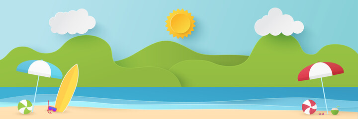 Summer time background. Blue sea and beach with stuff for summer. Paper cut and craft style illustration