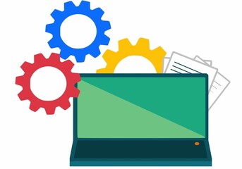 Laptop documents and gears / ICT Skills Icon
