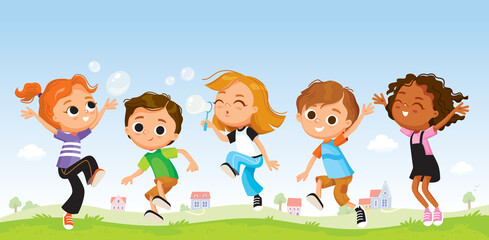 Vector group of smiling, jumping, blowing soap bubbles children having fun outdoors on summer day with country background. Group of pupils on outdoor break. Classmates fooling around, enjoying summer.