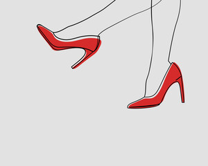 Continuous line, Female legs high-heeled shoes. Drawing of set Fashion. (Vector illustration one line drawing)